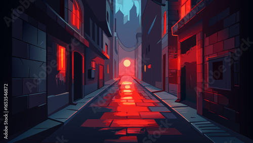 A narrow city alleyway is illuminated by a single, glowing red light at the end, casting eerie reflections on the wet street in a dramatic noir or cyberpunk style.