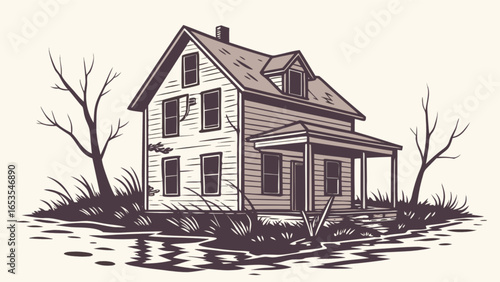 Illustration of old farmhouse in rural landscape drawing with trees and grass in vintage style