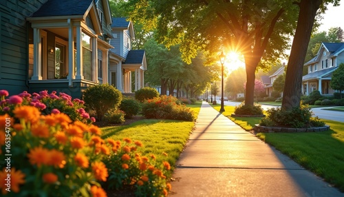 Fototapeta Naklejka Na Ścianę i Meble -  Charming small town street lined with houses and blooming flowers bathed in warm summer sunlight. Peaceful neighborhood with manicured lawns and trees creates a serene, tranquil atmosphere.