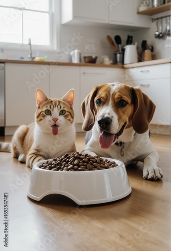 A cat and a dog eagerly waiting to eat from a bowl of pet food in a kitchen setting.