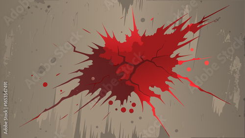 A dynamic blood-red splash or impact stain with cracks at its center is set against a grungy gray background, conveying themes of violence, horror, or a powerful hit.