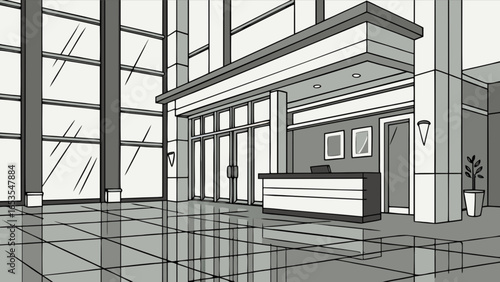 Illustration of modern office lobby interior design with reception desk and large windows design 95