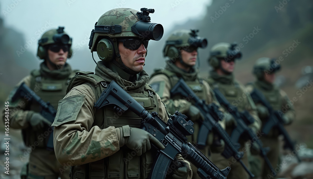 Fototapeta premium Four soldiers in advanced gear stand at attention, holding rifles with tactical equipment. Disciplined posture, focused expressions convey professionalism, vigilance, teamwork. Modern technology,