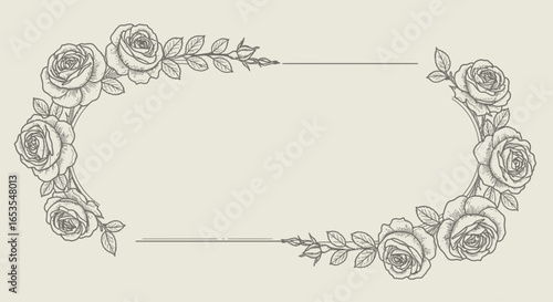 Elegant floral frame design with roses and leaves, centered on a light background.