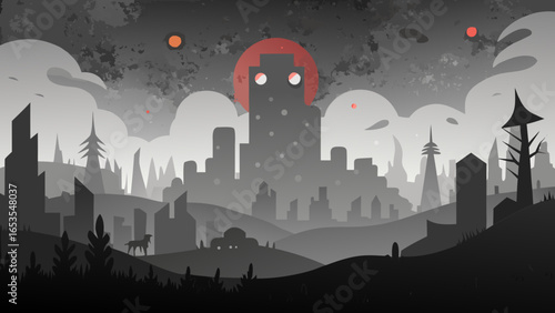 A monochromatic, stylized cityscape is dominated by a giant, blocky monster with a red circular head and glowing eyes, suggesting dystopia, alien invasion, or surreal sci-fi art.