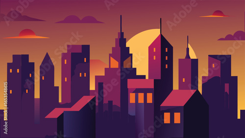 City skyline silhouette at sunset with geometric buildings and warm gradient sky vector illustration transparency background