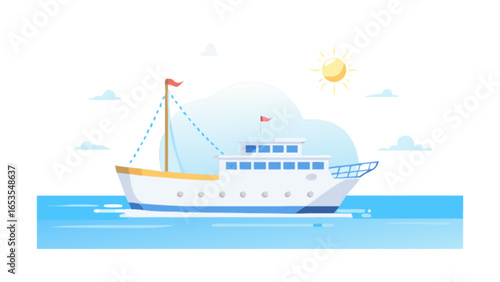 Cartoon cruise ship sailing in blue ocean water on a bright sunny day vacation travel concept art