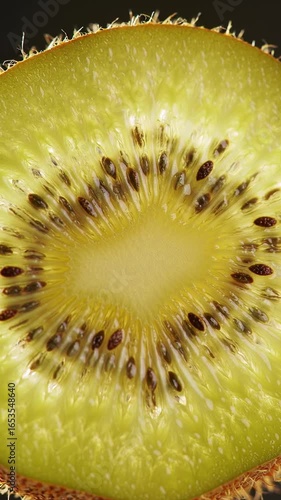 Close-up macro shot of a ripe kiwi fruit slice revealing its vibrant green flesh and tiny black seeds