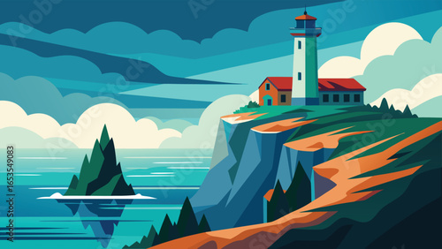 Coastal Lighthouse on a Cliff Overlooking the Ocean with Dramatic Clouds vector illustration transparency background