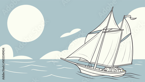 Sailboat sailing illustration: vintage sailing ship on the sea with sun and clouds drawing art