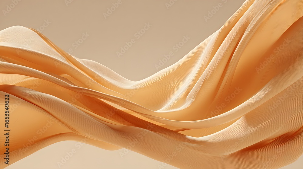Fototapeta premium A smooth, flowing form of a light beige fabric, elegantly draped and cascading, showcases a luxurious and soft aesthetic.