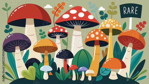 Collection of whimsical, colorful mushrooms and foliage with a sign reading RARE fungi nature transparency background