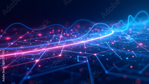 Abstract technology background with glowing lines and data flow visualization