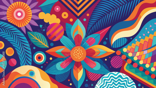 Colorful abstract geometric and floral shapes with vibrant colors on purple transparency background vector illustration