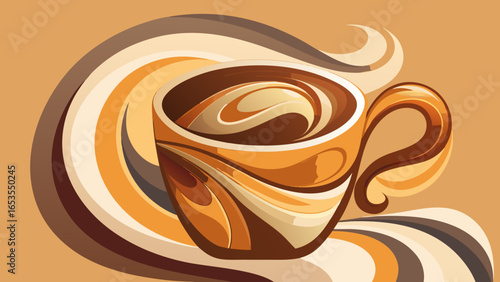 A stylized vector illustration of a coffee cup filled with swirling liquid and cream, framed by abstract, fluid ribbons in rich brown, tan, and beige colors, evoking warmth and flavor.