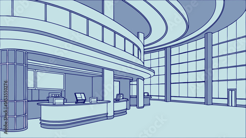 Illustration of modern office lobby interior design with reception area and large windows view