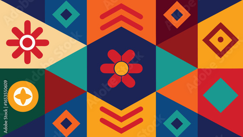 Colorful geometric mosaic pattern with abstract floral and diamond shapes on a dark background Keywords: mosaic, geometric, pattern, colorful, abstract, shapes, design, transparency background