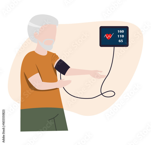 Elderly Man Monitoring Blood Pressure with Medical Device