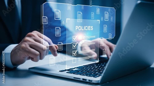 Person using laptop with policies checklist interface and document icons floating in the air around it
