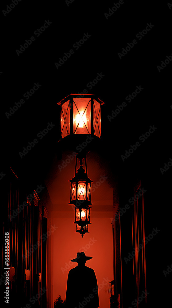 Fototapeta premium Silhouette Walking Under Glowing Lanterns in Dim Corridor During Mid-Autumn Festival Celebration