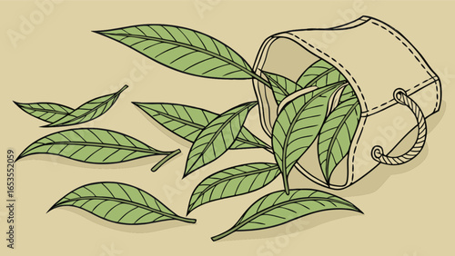 Illustration of a canvas bag spilling fresh green leaves, nature, organic, foliage, and botanical art