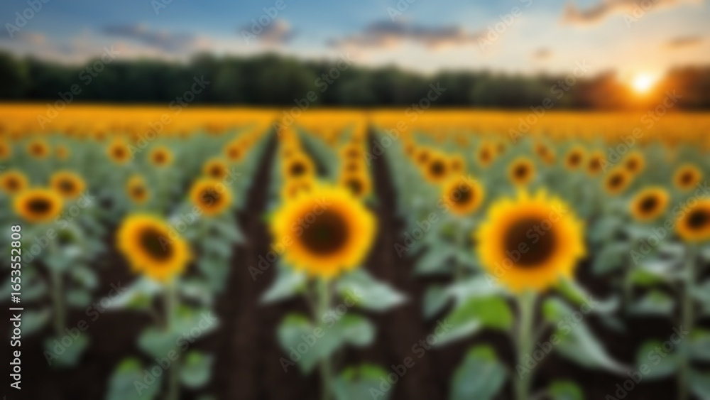 Obraz premium blurry image of a blooming sunflower field in a European village, blur wallpaper.