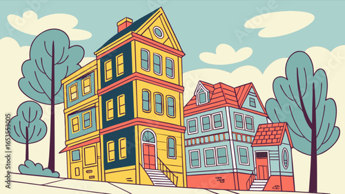 Colorful cartoon houses illustration for real estate and architecture design projects and backgrounds use