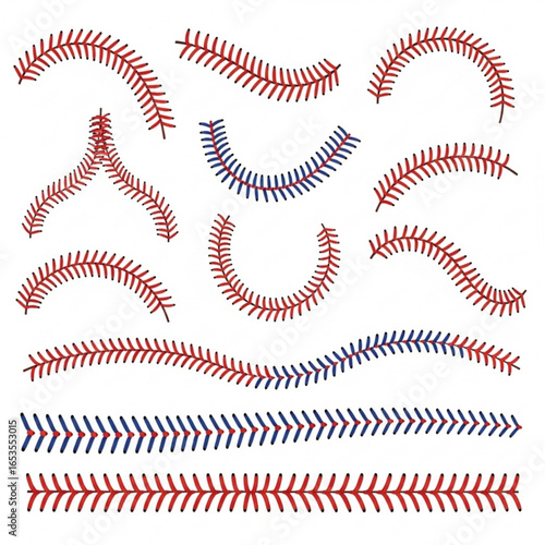 Collection of baseball stitches isolated on white background