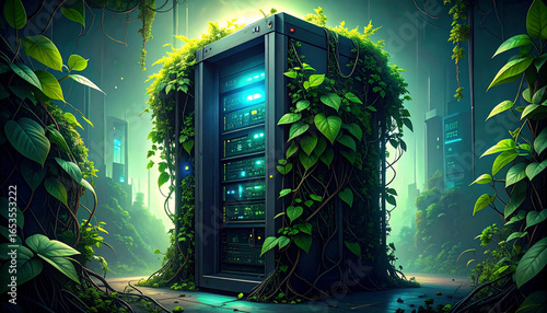 Eco-Friendly Data Center: A server rack is encased in lush greenery, illustrating the fusion of technology and nature in a sustainable ecosystem.