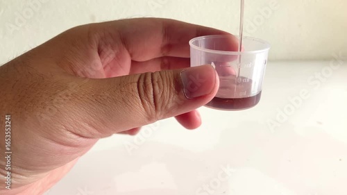 pouring medicine syrup in a plastic dosage spoon