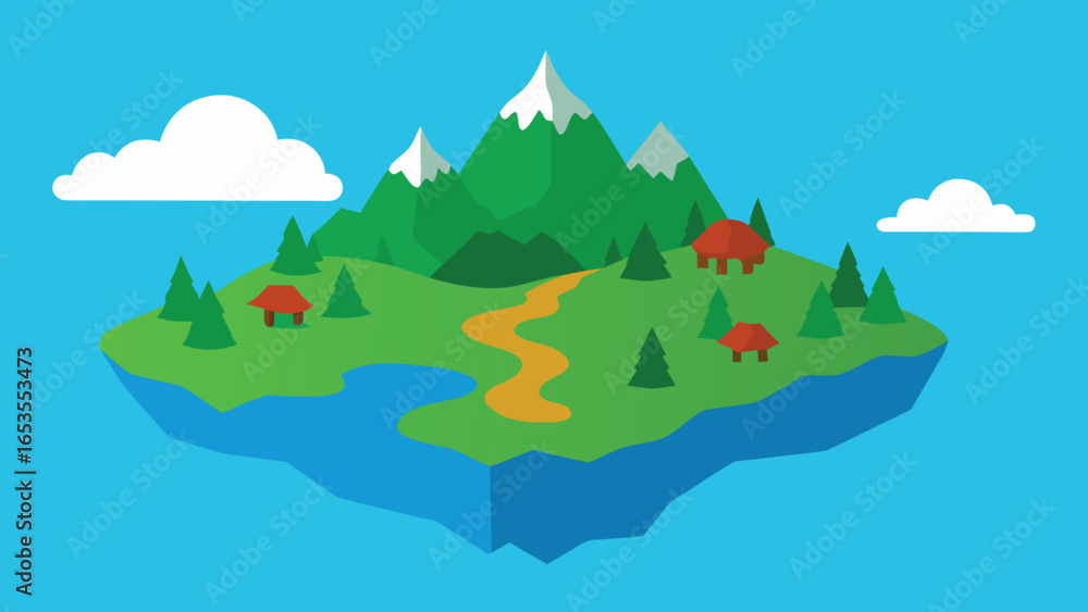 Obraz premium Floating Island Landscape with Mountains Houses and River nature transparency background