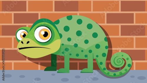 A cute, cartoon-style green chameleon with large yellow eyes and dark spots, standing on a gray ledge against a red brick wall, rendered in a flat design vector illustration.