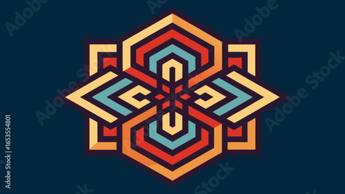 Geometric abstract mandala with interlocking shapes in warm colors on a dark blue background Keywords: mandala, geometric, abstract, pattern, design, decorative, symmetrical, transparency background