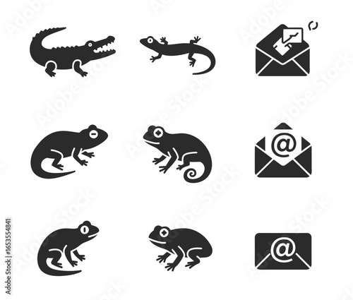 A collection of black silhouette icons featuring various reptiles and amphibians like crocodiles, lizards, chameleons, and frogs, alongside email and message symbols.
