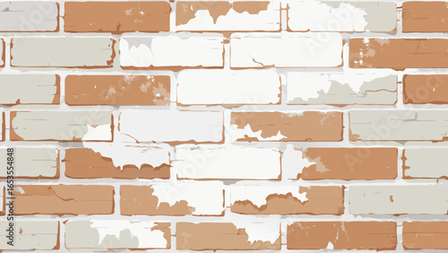 A realistic, seamless brick wall background featuring a distressed pattern of peeling white paint over terracotta or orange bricks, creating a grunge and aged look.