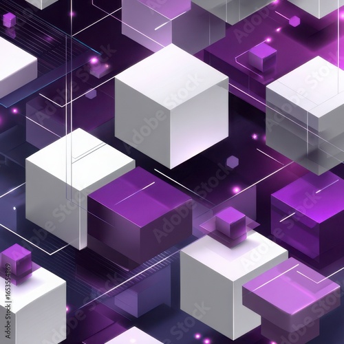 Abstract 3D design with white and purple cubes  and glowing light effects.