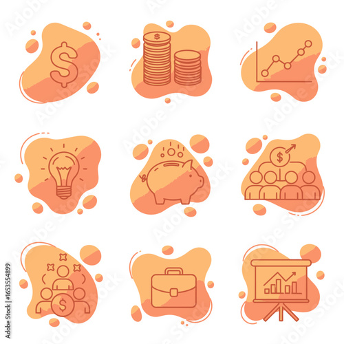 Describe the image concisely, between 6 and 180 characters, without keyword lists. The image shows various business and finance-related icons in an orange gradient style.