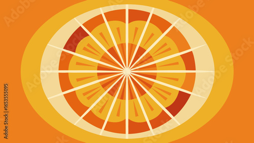 A stylized, abstract graphic of an orange or citrus fruit slice on an orange background, using concentric rings and segments in a retro or mid-century modern style.