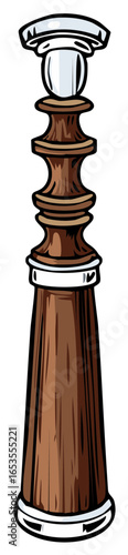 Elegant wooden baluster with decorative white bands and a metal cap
