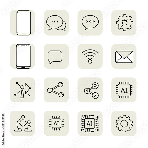 Collection of line icons representing technology, communication, artificial intelligence, and digital concepts on a light background.