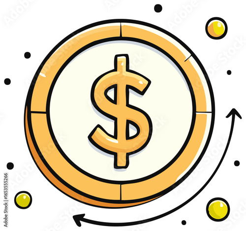 Dynamic cartoon gold dollar coin with a circling arrow for financial transactions and cash flow