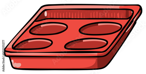 Vivid red tray with four oval compartments for kitchen organization and cooking projects in a cartoon style.