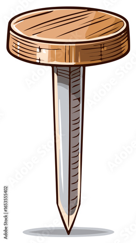 Illustrated cartoon thumbtack with a wooden head and sharp metal point