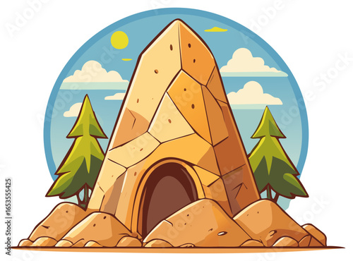 Cartoon Stone Cave Entrance with Coniferous Trees and Sunny Sky