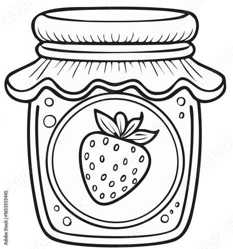 Strawberry Jam Jar Illustration in Black and White for Coloring or Design