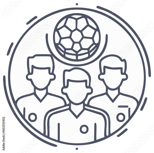 Stylized line art icon of three soccer players with a football representing team sport and championship