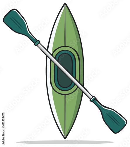 Stylized kayak illustration with paddle crossed over the top in green and teal hues, suitable for water sports or activity visuals
