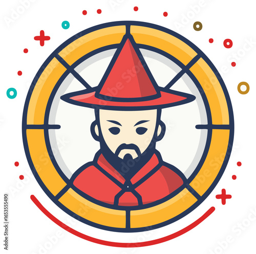 Stylized bearded man in red pointed hat inside a circular frame with decorative elements
