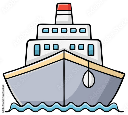 Cartoon Passenger Ship on Water Surface Front View Vessel Cruise Sea Travel