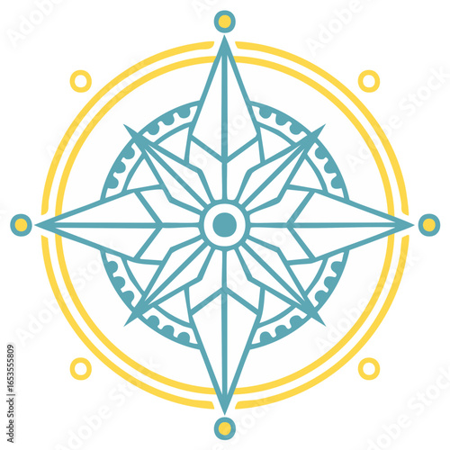 Detailed nautical compass rose illustration with yellow accents on white backdrop for creative projects, charting and design.